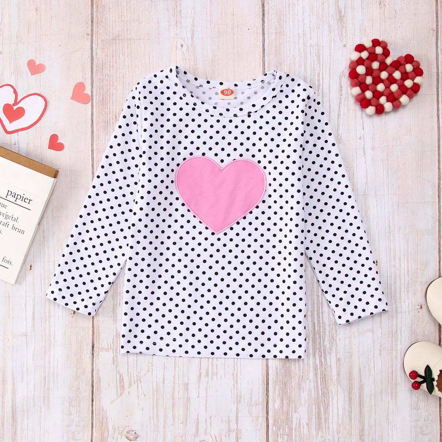 Toddler Baby Girls Valentine'S Day Outfits Long Sleeve Dot Heart Shirt Top Red Suspender Skirt Clothes Set(Pink, 5-6T(120))