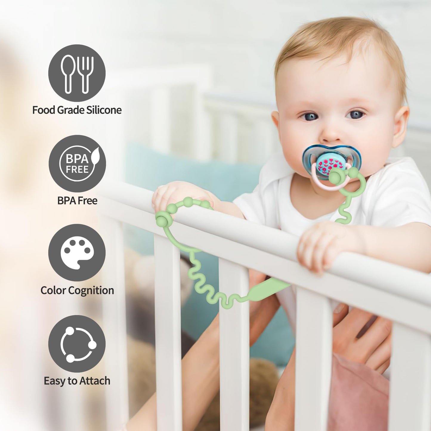 Toy Straps For Baby, Pacifier Holder Clip With Self-Adjusting Bayonet, Pure Silicone Material Without Bpa; Can Be Used For Teeth