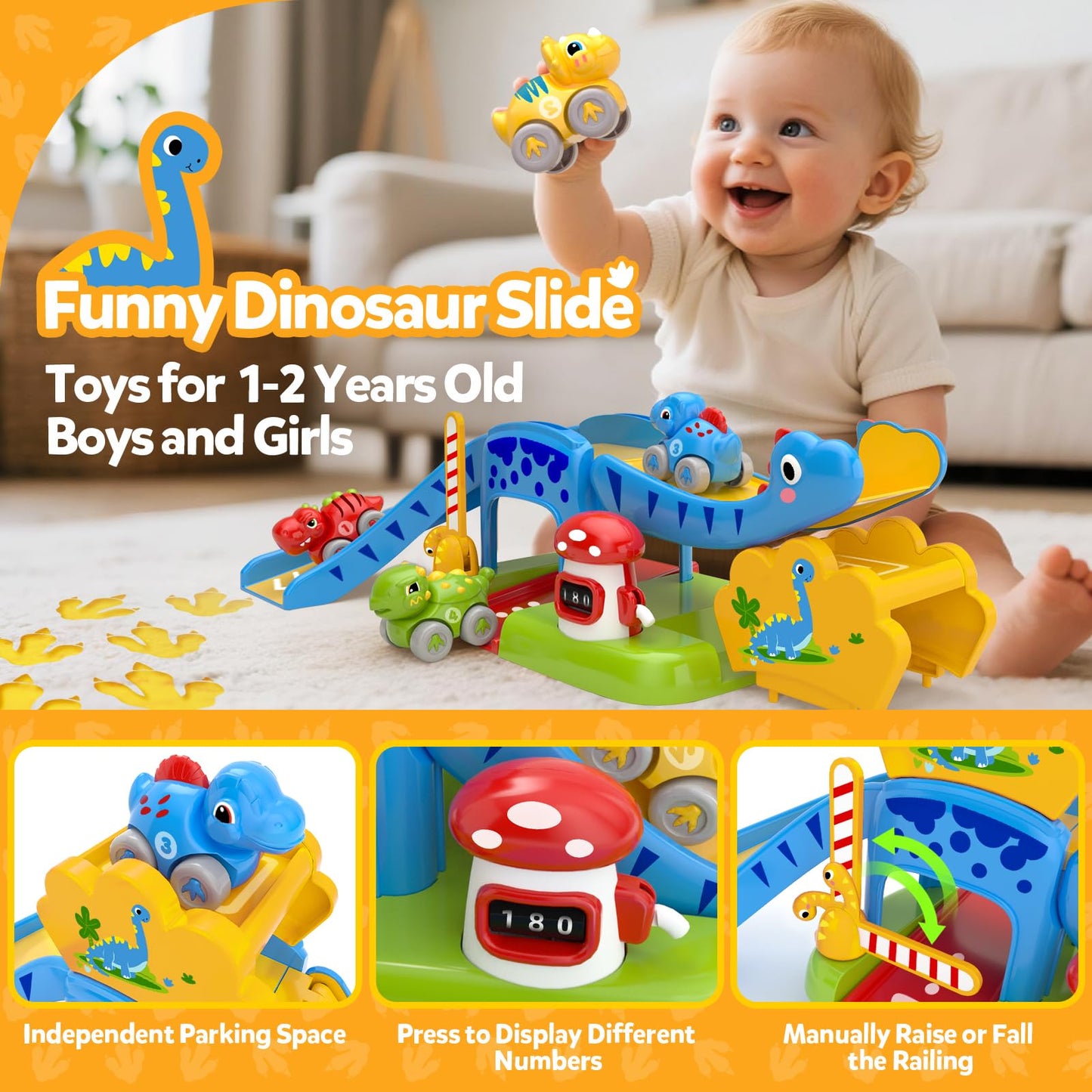 Toddler Toys for 1 Year Old Boy Gifts - Educational Dinosaur Slide Set with 4 Color/Number Push Cars and Playmat, Montessori Lea