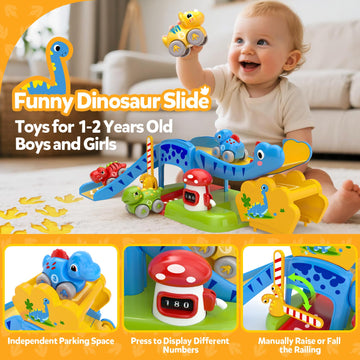 Toddler Toys for 1 Year Old Boy Gifts - Educational Dinosaur Slide Set with 4 Color/Number Push Cars and Playmat, Montessori Lea