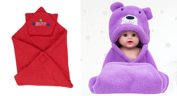 CTMKIDS Baby Wrap with Cap for Kids 74x74 cm  Red & Baby Hooded Cum Wrap Blanket for Kids 92x66 cm  Purple