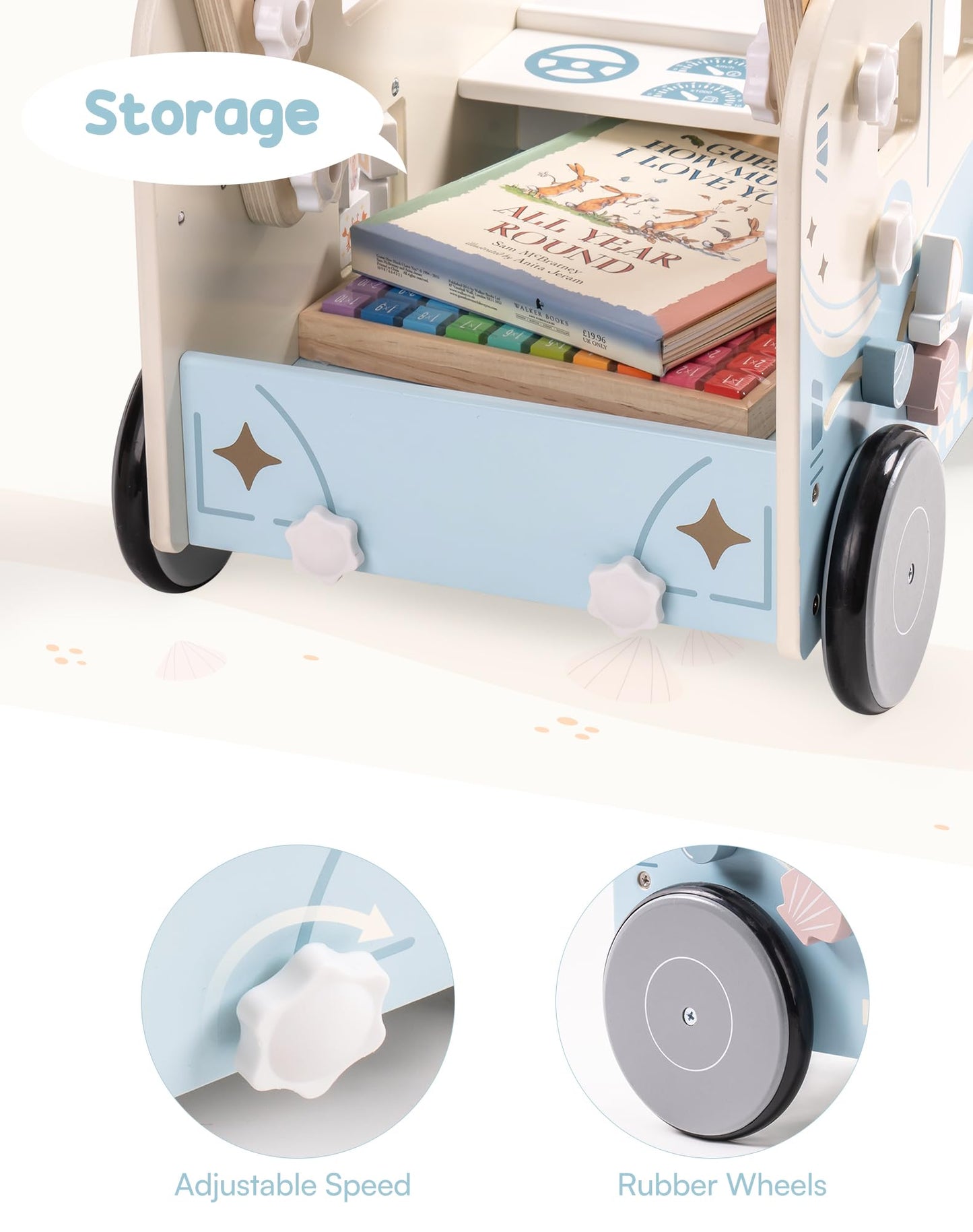 ROBOTIME Wooden Baby Walker, Baby Push Walker, Baby Activity Center Toys, Ajustable Speed Multi-Functional Baby Walker with Whee