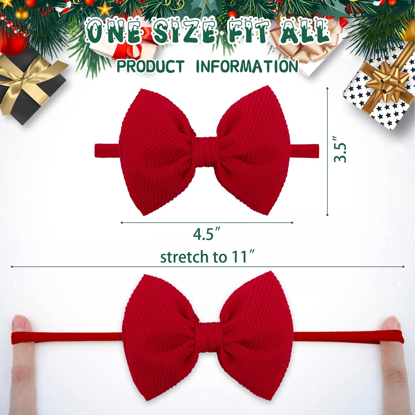 Yanjie Hairband For Baby Girls - Christmas Bows Elastic Nylon Headband With Bows - Hair Accessories Infant Toddler - 3 Pack - Re