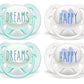 Philips Avent Ultra Soft Pacifier 0-6 Months, Dreams And Happy Designs, 4 Pack, White/Green, Scf222/43