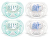 Philips Avent Ultra Soft Pacifier 0-6 Months, Dreams And Happy Designs, 4 Pack, White/Green, Scf222/43