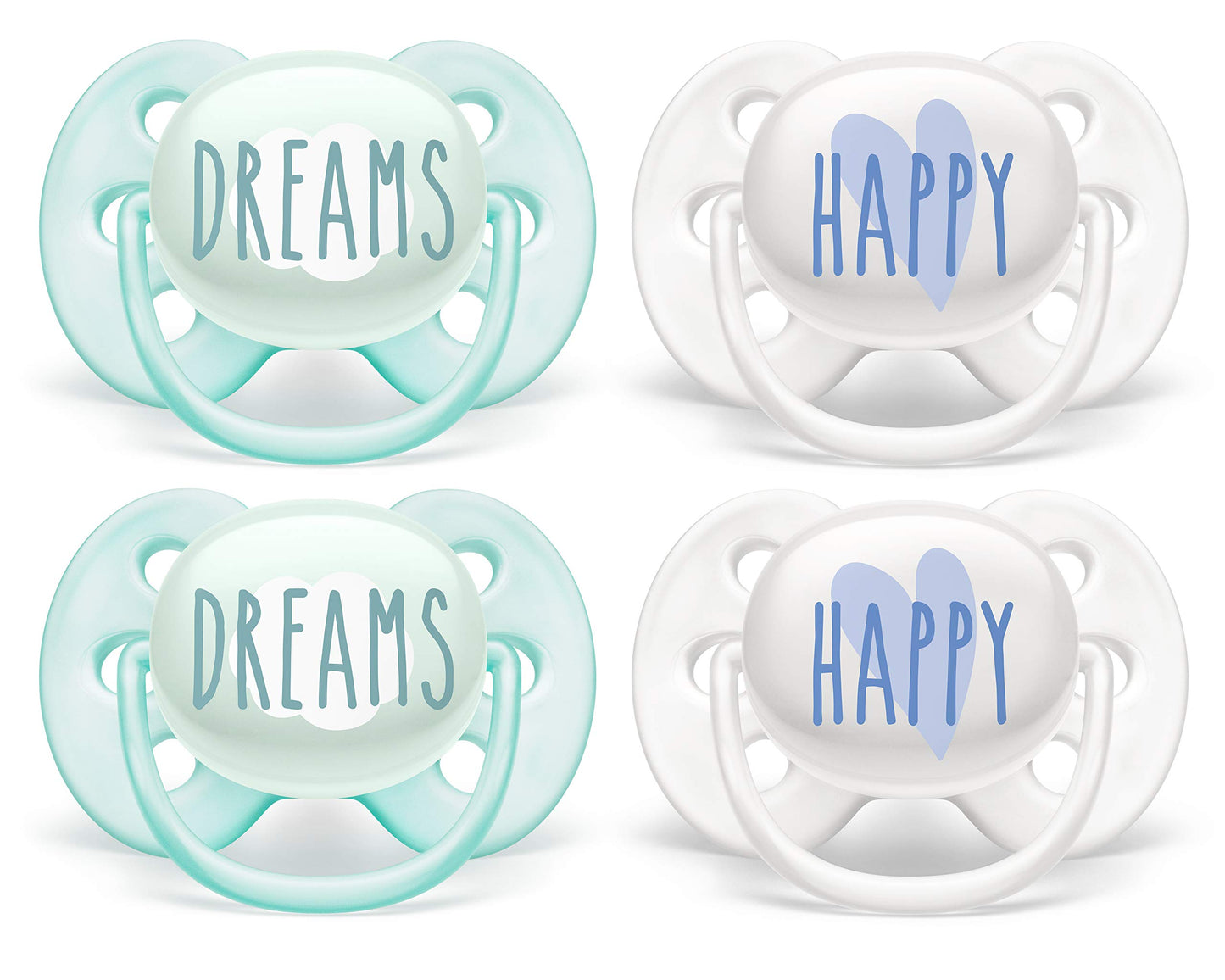 Philips Avent Ultra Soft Pacifier 0-6 Months, Dreams And Happy Designs, 4 Pack, White/Green, Scf222/43