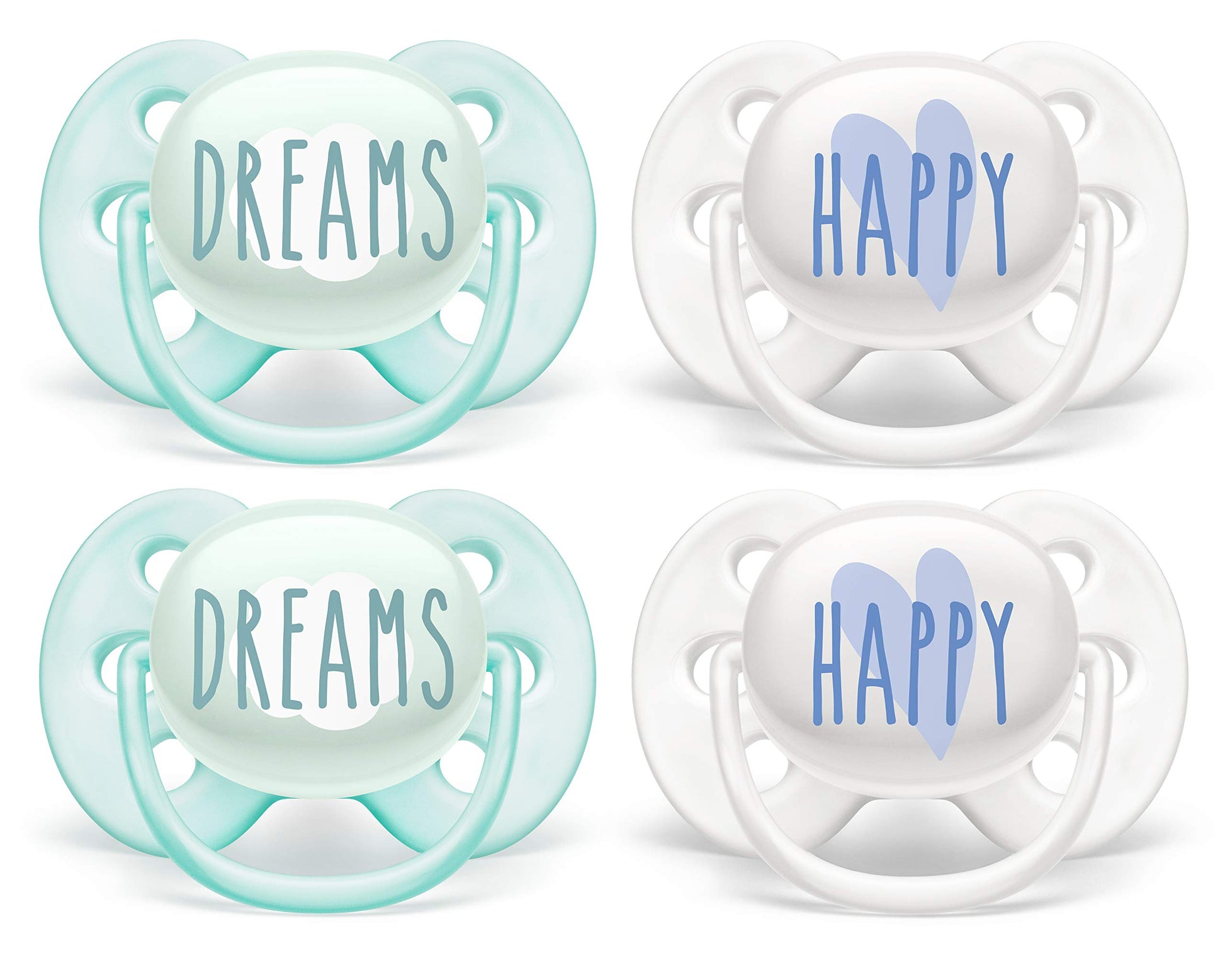 Philips Avent Ultra Soft Pacifier 0-6 Months, Dreams And Happy Designs, 4 Pack, White/Green, Scf222/43