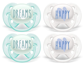 Philips Avent Ultra Soft Pacifier 0-6 Months, Dreams And Happy Designs, 4 Pack, White/Green, Scf222/43