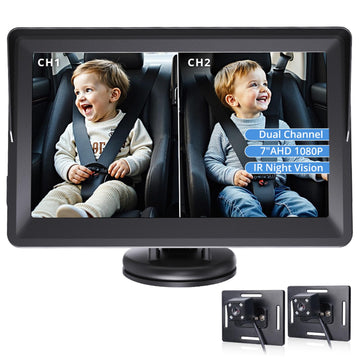 Baby Car Camera for 2 Kids, 7 Inch Ultrawide Display Dual Channel Car Baby Monitor with 2 IR Night Vision Cameras, 1080P Car Cam