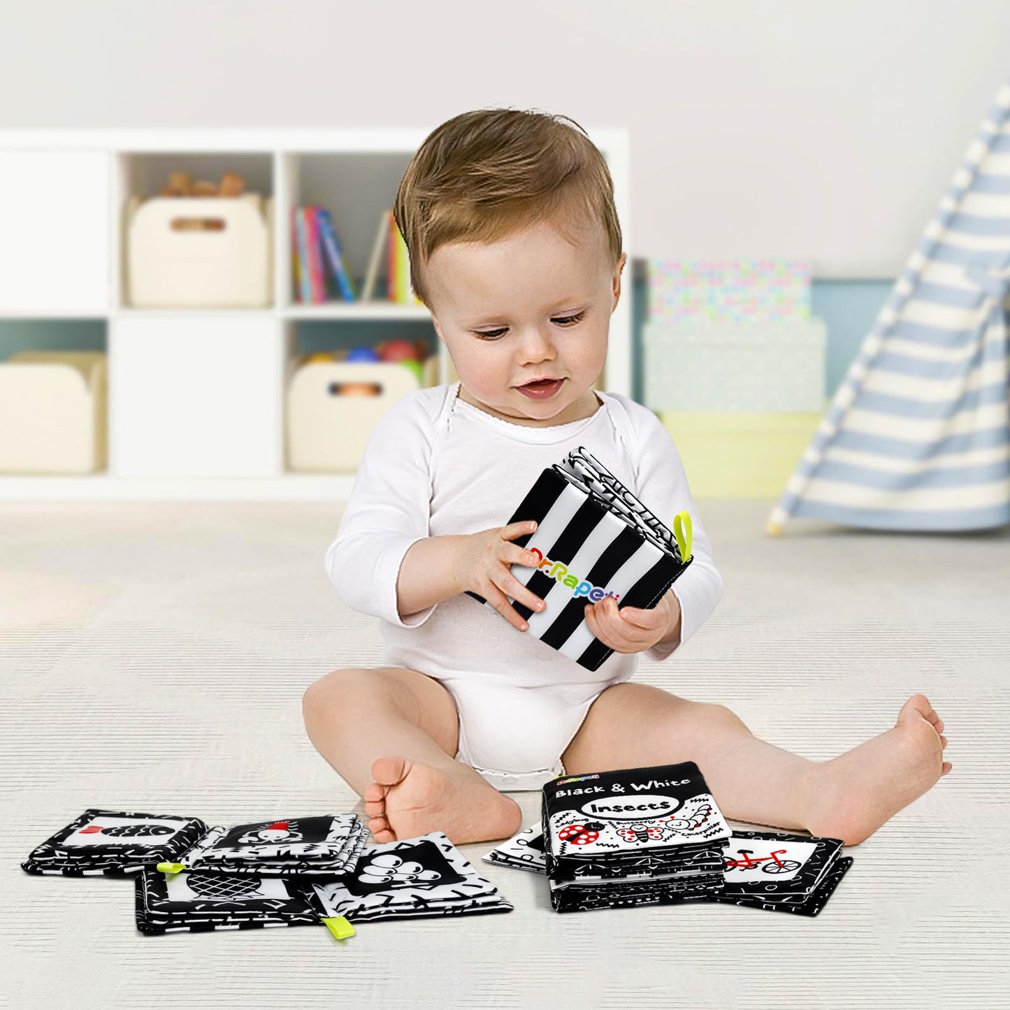 Dr.Rapeti Soft Cloth Books Baby Books Bath Books 6-Pack for Baby Infant Toddler Kids High Contrast Black and White Crinkle Washa