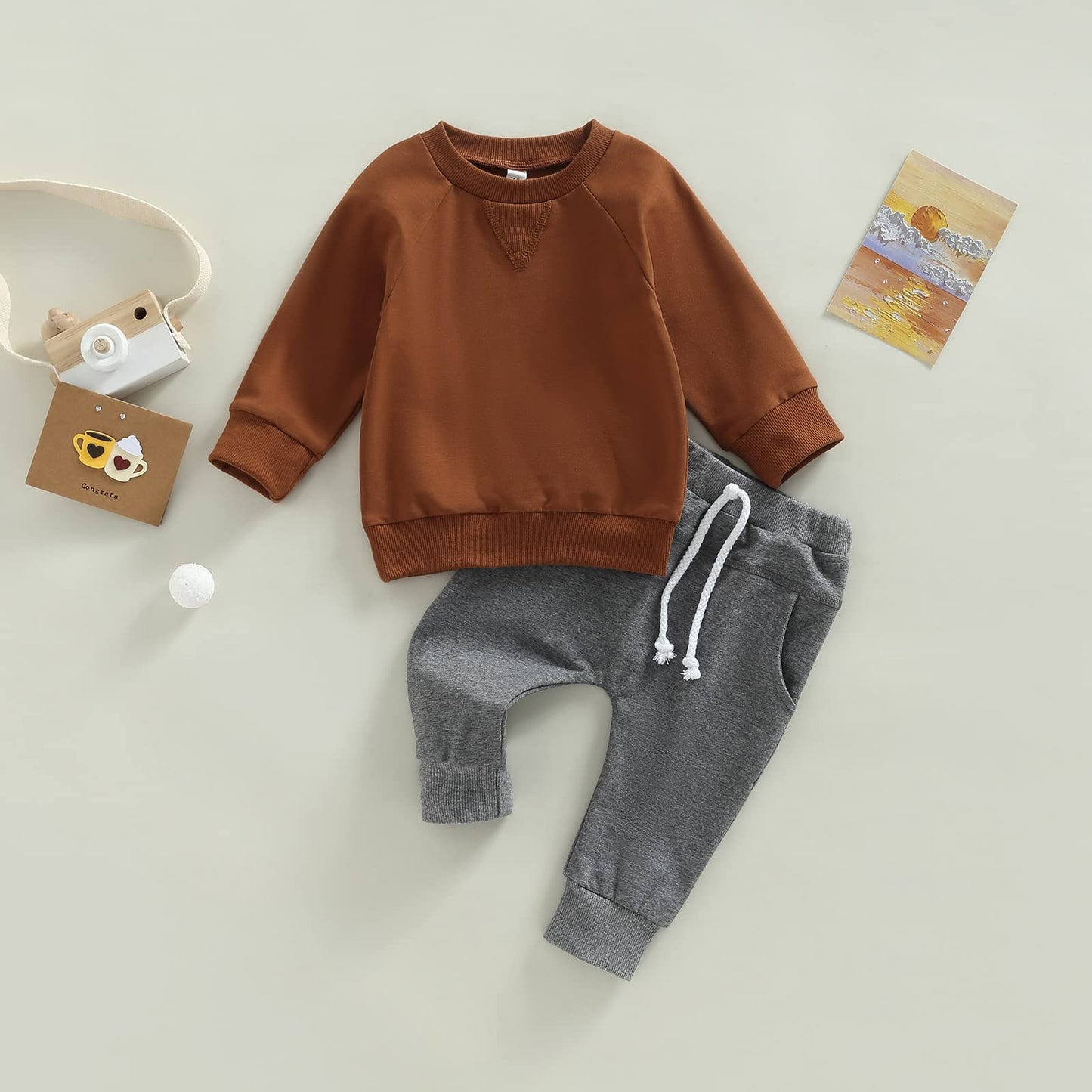 Toddler Baby Boy Clothes Set Solid Color Long Sleeve Crewneck Sweatshirt Top Casual Pants Set 2Pcs Fall Winter Outfits (Dark Ora