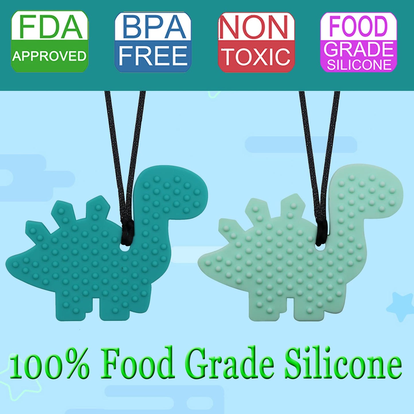 Chew Necklaces for Sensory Kids and Adults, 2 Pack Dinosaur Silicone Chewy Toys for Boys with Autism, ADHD, SPD, Reduce Chewing