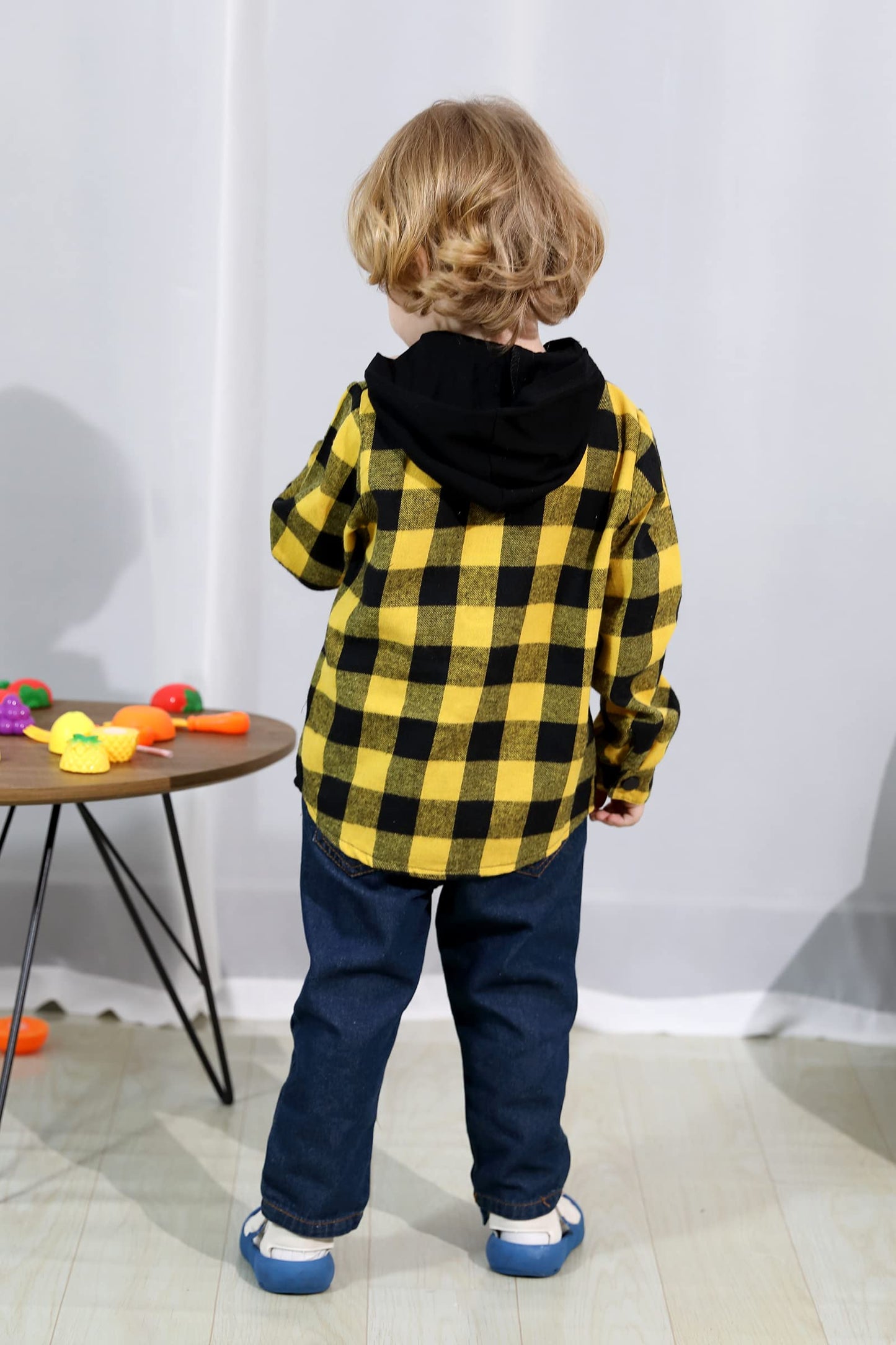 Younger Star Toddler Kidsbaby Boys Hooded Plaid Shirt Classical Shirt Hooded Jacket Fall Winter Clothes (Yellow, 18-24 Months)