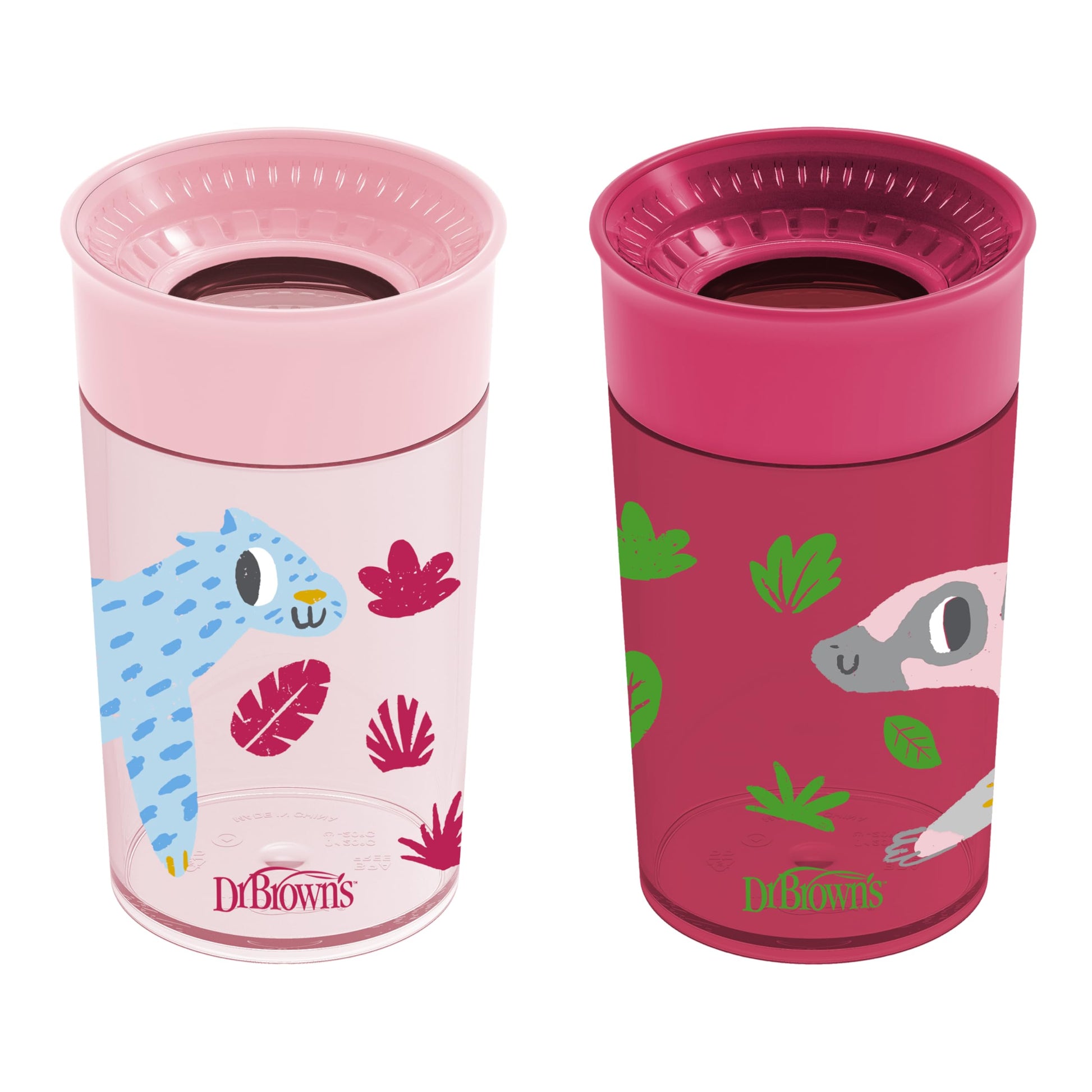 Dr. Browns Milestones Cheers 360 Cup Spoutless Transition Cup, Travel Friendly & Leak-Free Sippy Cup, Pink Leopard - Red Lemur,