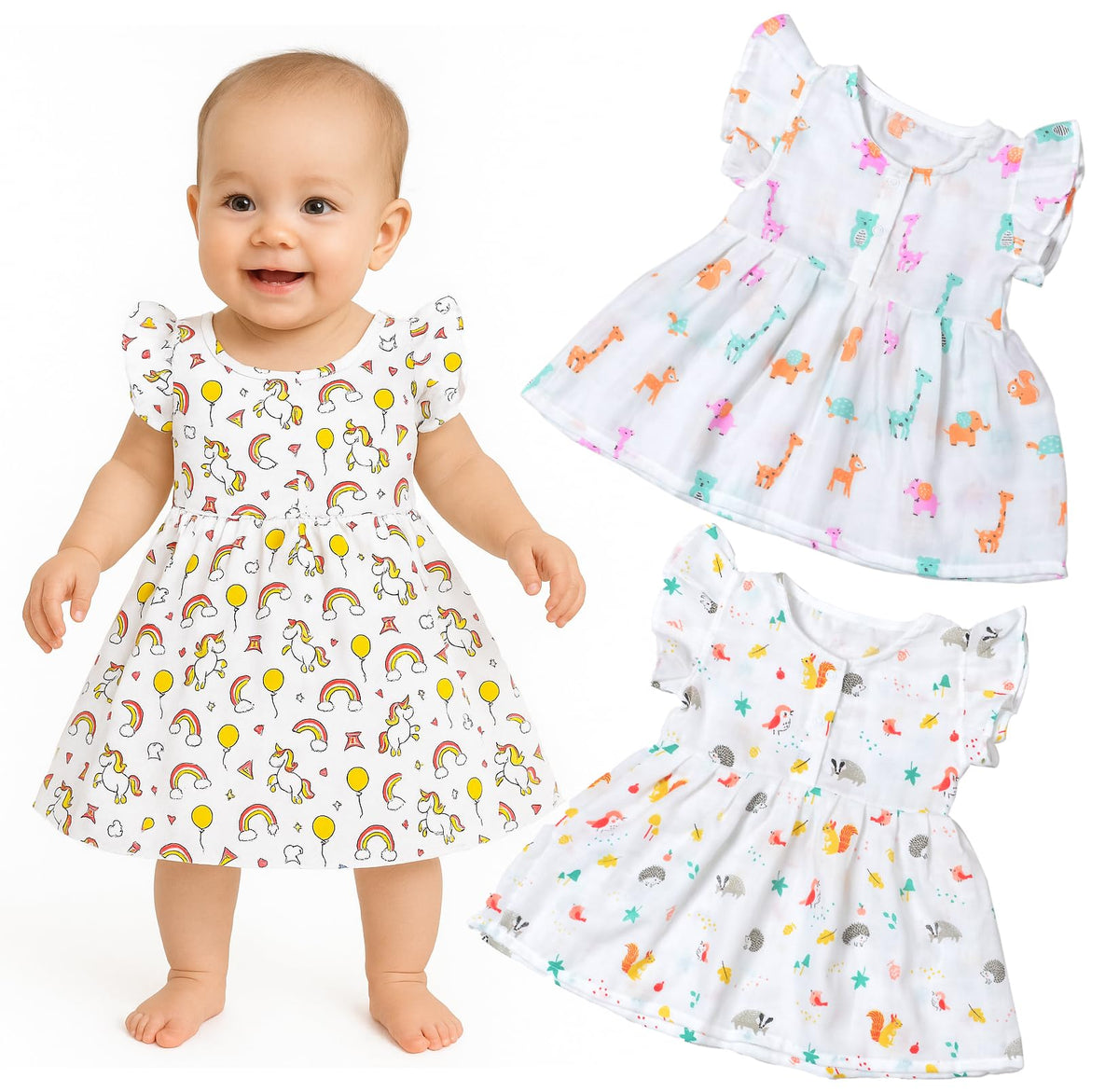 Lil Loom Baby Girls Muslin Organic Cotton Cute Printed DressesPack Of 3 White