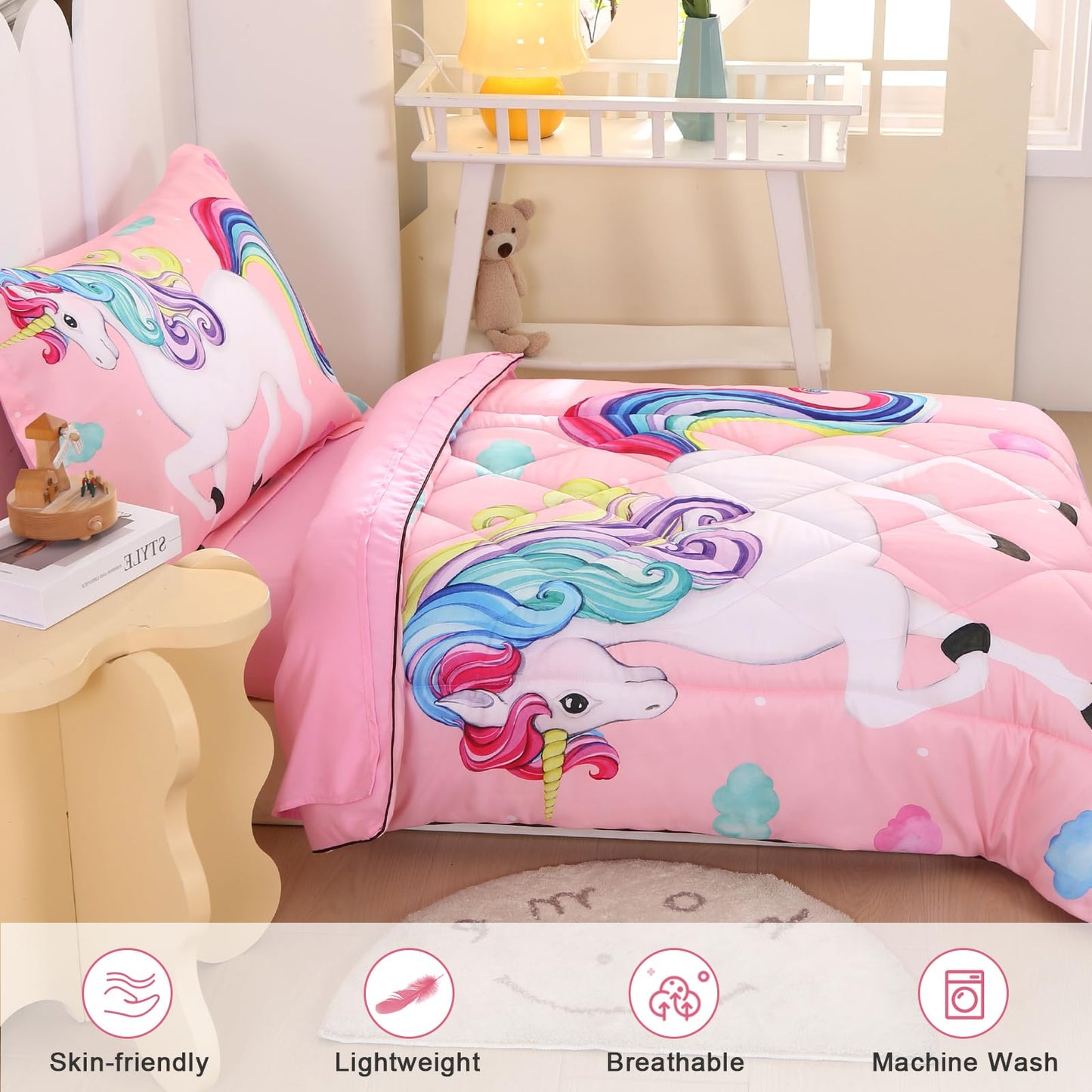 Wowelife Unicorn Toddler Bedding Set For Girls, Rainbow 4 Piece Toddler Bed Sheets Sets Pink Toddler Comforter Set Kids Bag In A