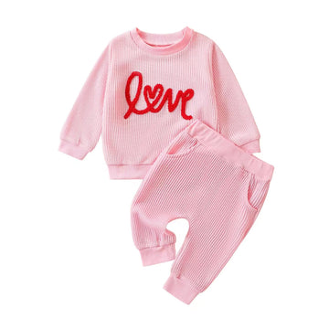 Fiomva Infant Baby Girl Valentines Day Outfit Newborn Sweatshirt Pants Set Toddler Waffle Pullover Matching Clothes (T Valentine