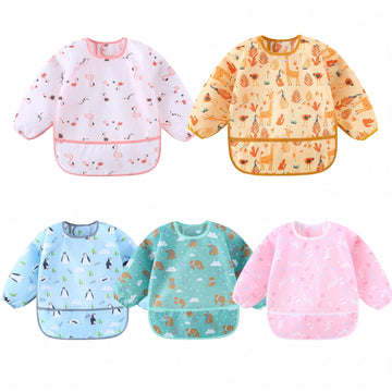 Hafftnun 5-Pack Baby Long Sleeve Waterproof Bib Full Coverage Apron Bib Smock Toddler Bibs With Pocket 3-30 Months