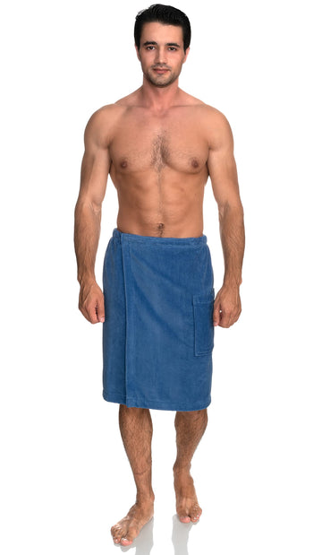 Towelselections Mens Shower Wrap Adjustable Cotton Terry Velour Wrap Gym Body Cover Up Small/Medium Dutch Blue