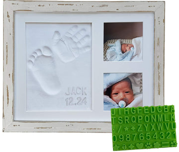 Farmhouse Baby Handprint & Footprint Picture Frame Kit - Rustic 9' X 11' Distressed Wood Photo Frame & Clay Keepsake For Newbo