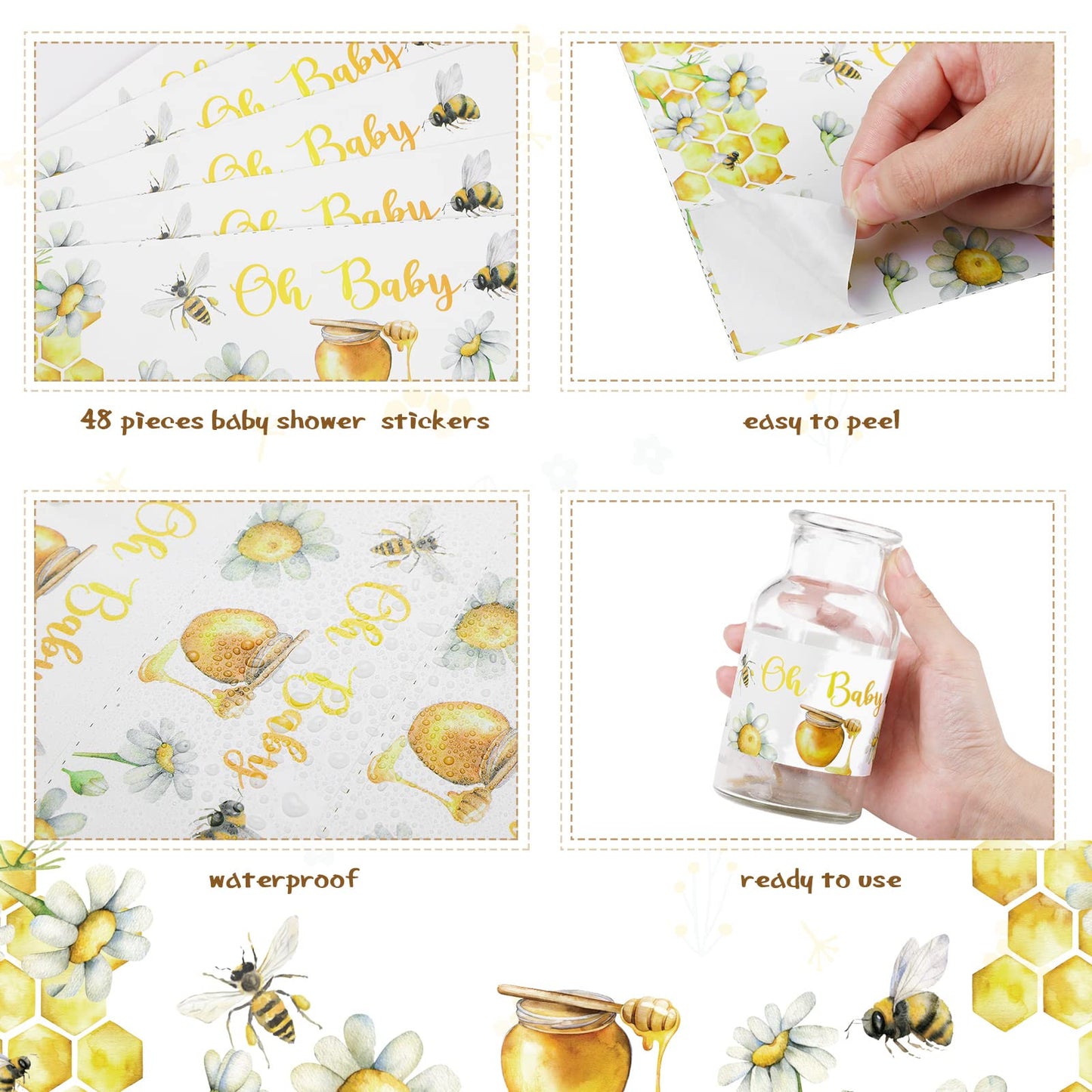 Spakon 48 Pieces Bee Baby Shower Water Bottle Labels Bee Water Bottle Wrappers Baby Shower Favor Decorative Sticker For Gender R