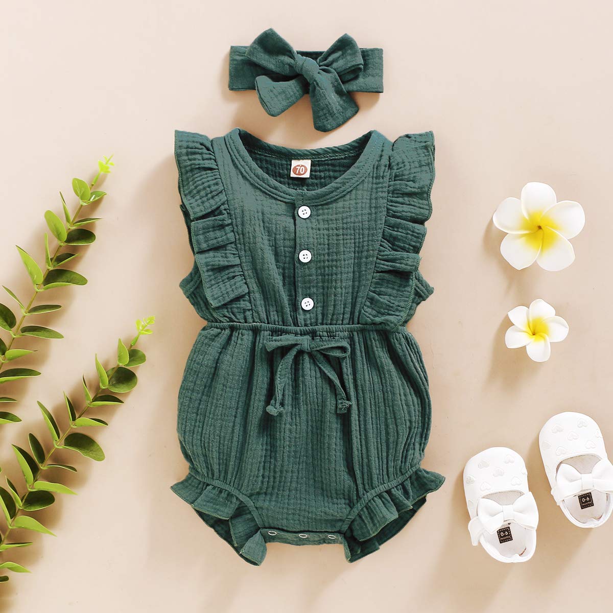 Younger Tree Toddler Baby Girl Ruffled Sleeveless Romper Casual Summer Jumpsuit Cotton Linen Clothes (Button-Green, 12-18 Months