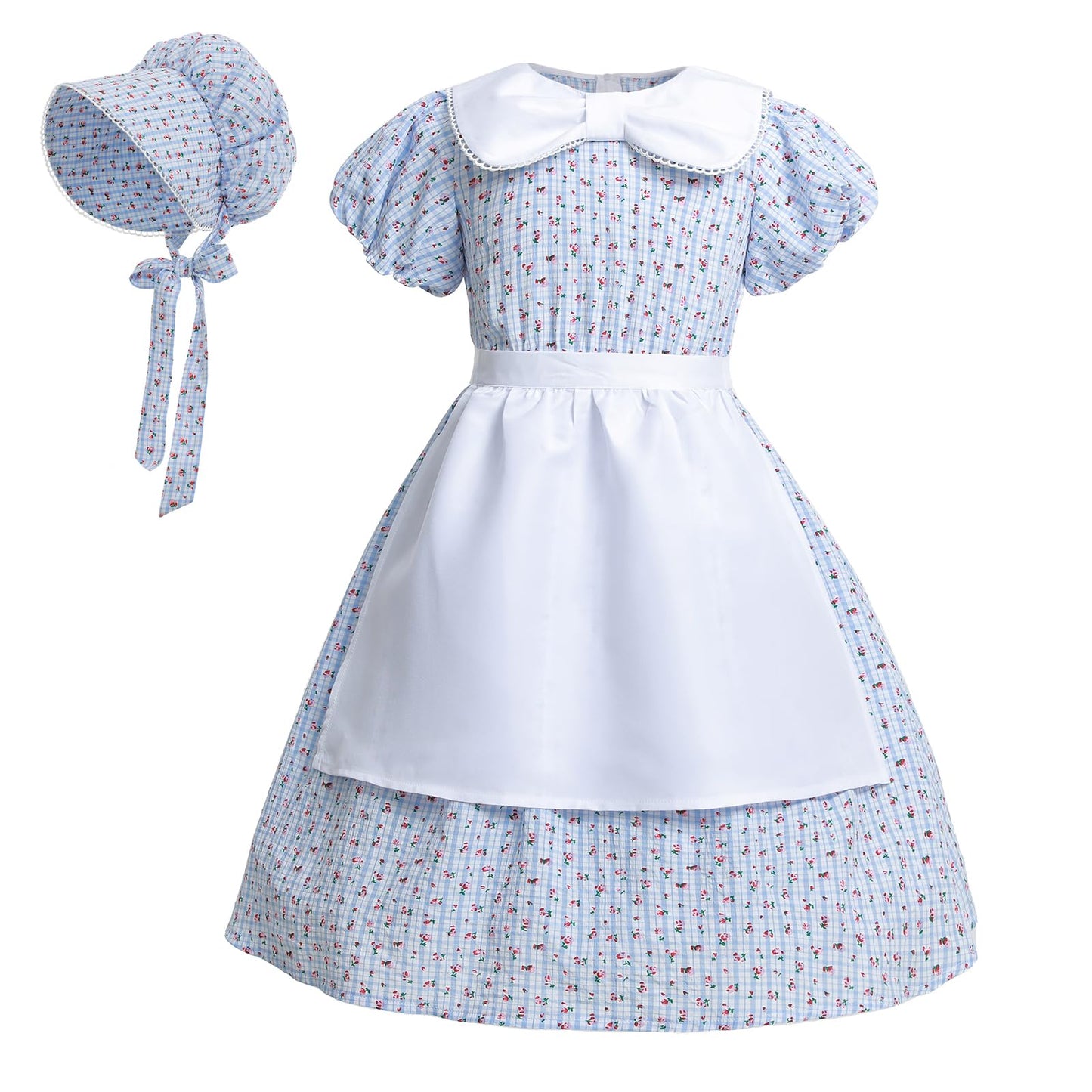 Ltakk Prairie Dresses Girls Pioneer Colonial Costume Girl Pilgrim Dress With Apron And Bonnet, Blue Plaid Floral, Xxl, Age Over