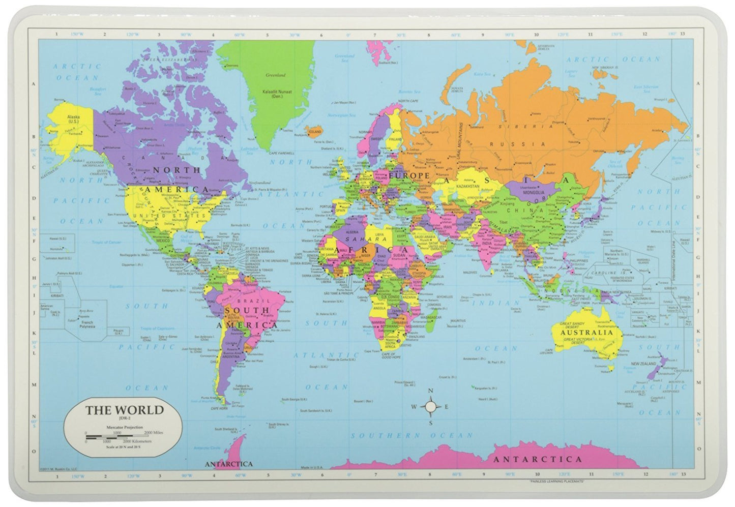 Painless Learning Educational Placemats For Kids Usa And World Maps, Solar System, The Human Body Laminated Washable Reversible