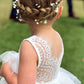 2Bunnies Girl Beaded Peony Lace Back A-Line Tiered Tutu Tulle Flower Girl Dress (White Short Sleeveless, 5)