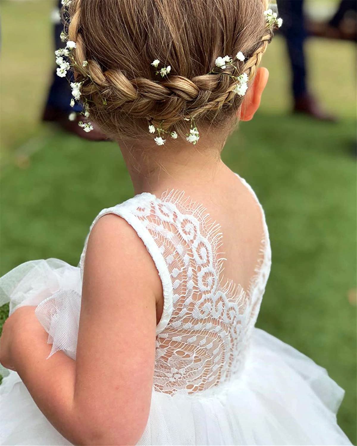 2Bunnies Girl Beaded Peony Lace Back A-Line Tiered Tutu Tulle Flower Girl Dress (White Short Sleeveless, 5)