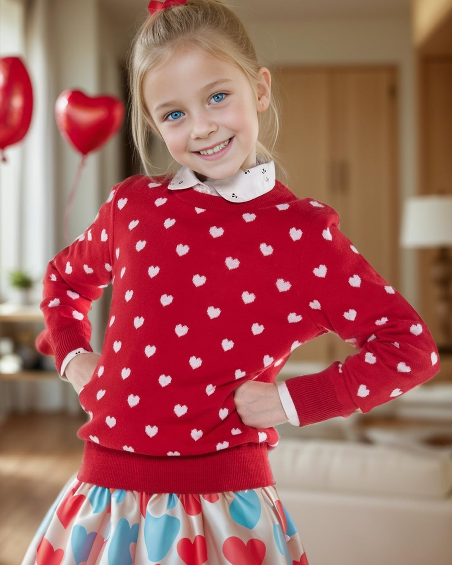 Boboyoyo Girls Sweaters Cotton Kids Heart Sweater Valentine Holiday Pullover Teen Clothes Crew Neck Knit Top Long Sleeve Red