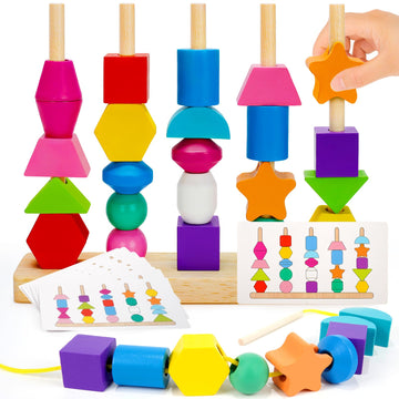 Montessori Toys for 2 3 4 Year Old Kid Boy Girl Toddler, Montessori Wooden Beads Sequencing Toy Set, Lacing Beads & Stacking Blo