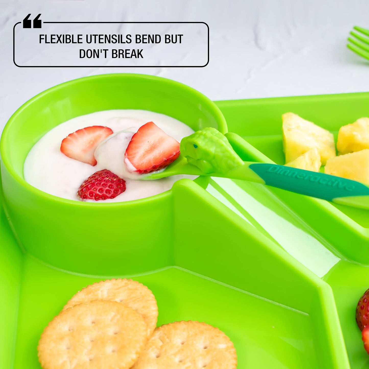 Dinneractive Dining Set For Kids - 3PC Green Dinosaur Dinnerware - Dinosaur Utensils - Toddler Plates - Baby Dishes