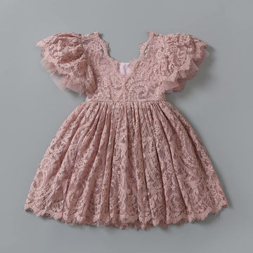 2Bunnies Girl Paisley Lace Back A-Line Tutu Tulle Party Flower Girl Dress (All Lace Flutter Sleeve Knee-Dusty Pink, 2T)