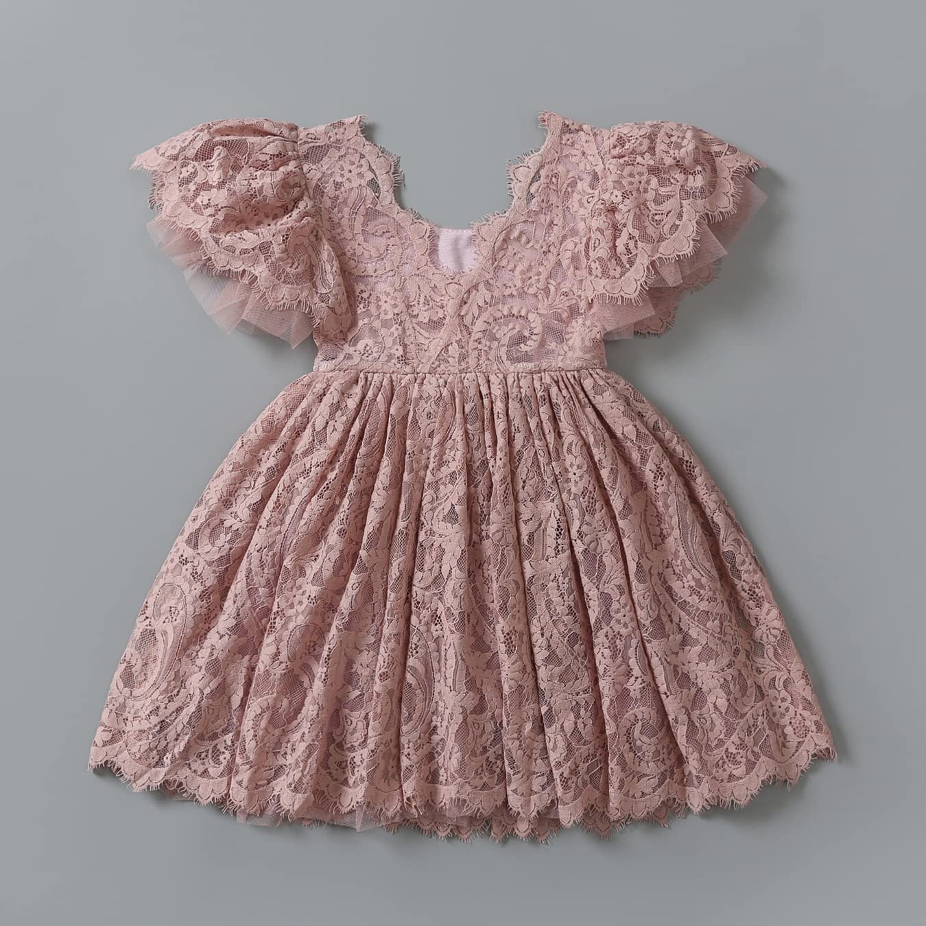 2Bunnies Girl Paisley Lace Back A-Line Tutu Tulle Party Flower Girl Dress (All Lace Flutter Sleeve Knee-Dusty Pink, 7/8)