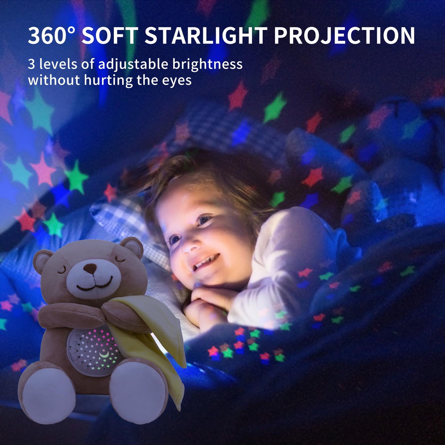 Apunol Baby Sleep Soother, White Noise Sound Machine Projector Night Light, Portable Stuffed Teddy Baby Gifts Bear Toy with 18 S