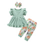 Kulcerry Toddler Baby Girl Clothes Solid Color Short Sleeve Ruffle Tops Floral Pants Headband Outfits Set (12-18 Months, Green