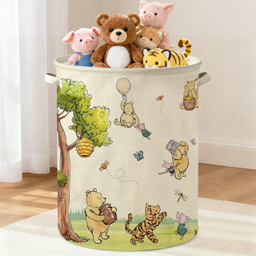 Oval Classic Winnie Bear Baby Laundry Basket Hamper for Nursery, Neutral Vintage Winnie Baby Stuff Waterproof Storage Basket Can