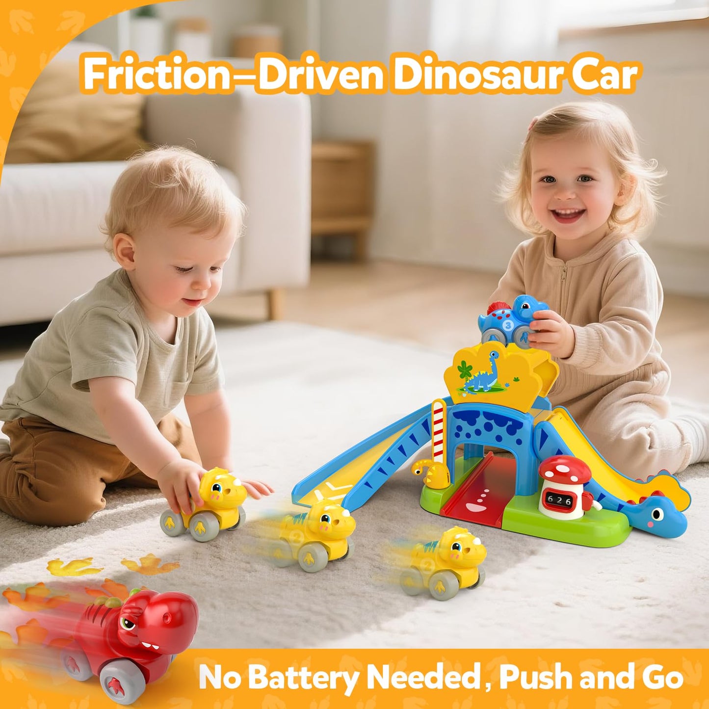 Toddler Toys for 1 Year Old Boy Gifts - Educational Dinosaur Slide Set with 4 Color/Number Push Cars and Playmat, Montessori Lea