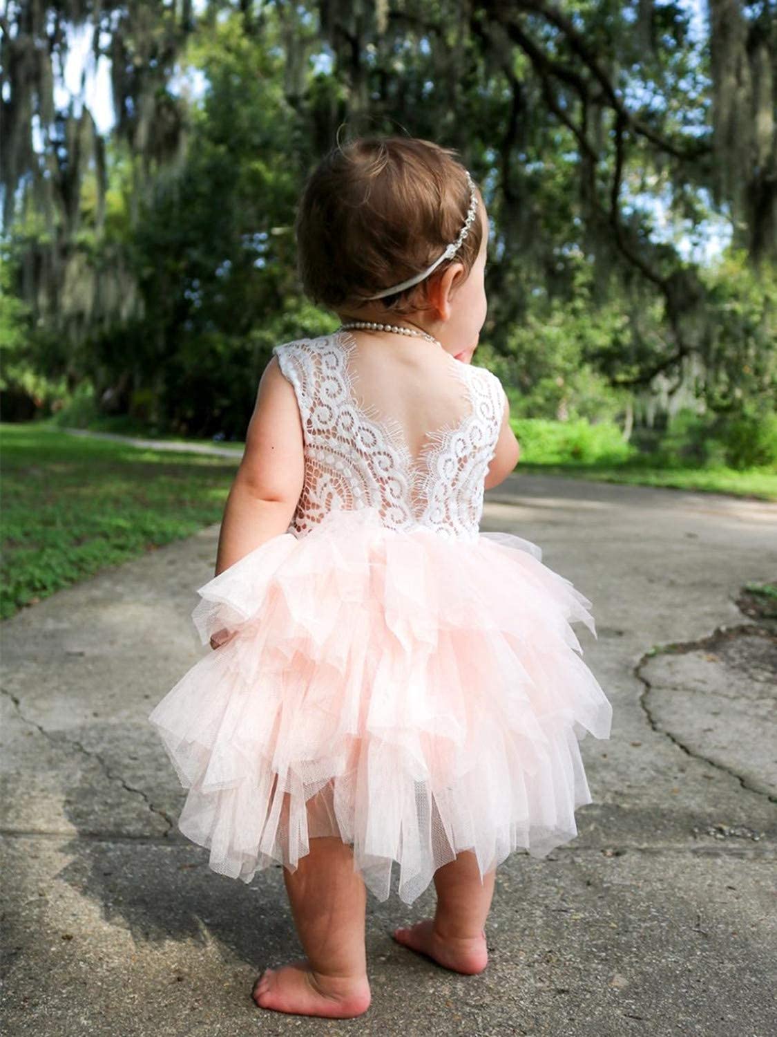 2Bunnies Girl Beaded Peony Lace Back A-Line Tiered Tutu Tulle Flower Girl Dress (Pink Sleeveless Short, 7-8Yrs)
