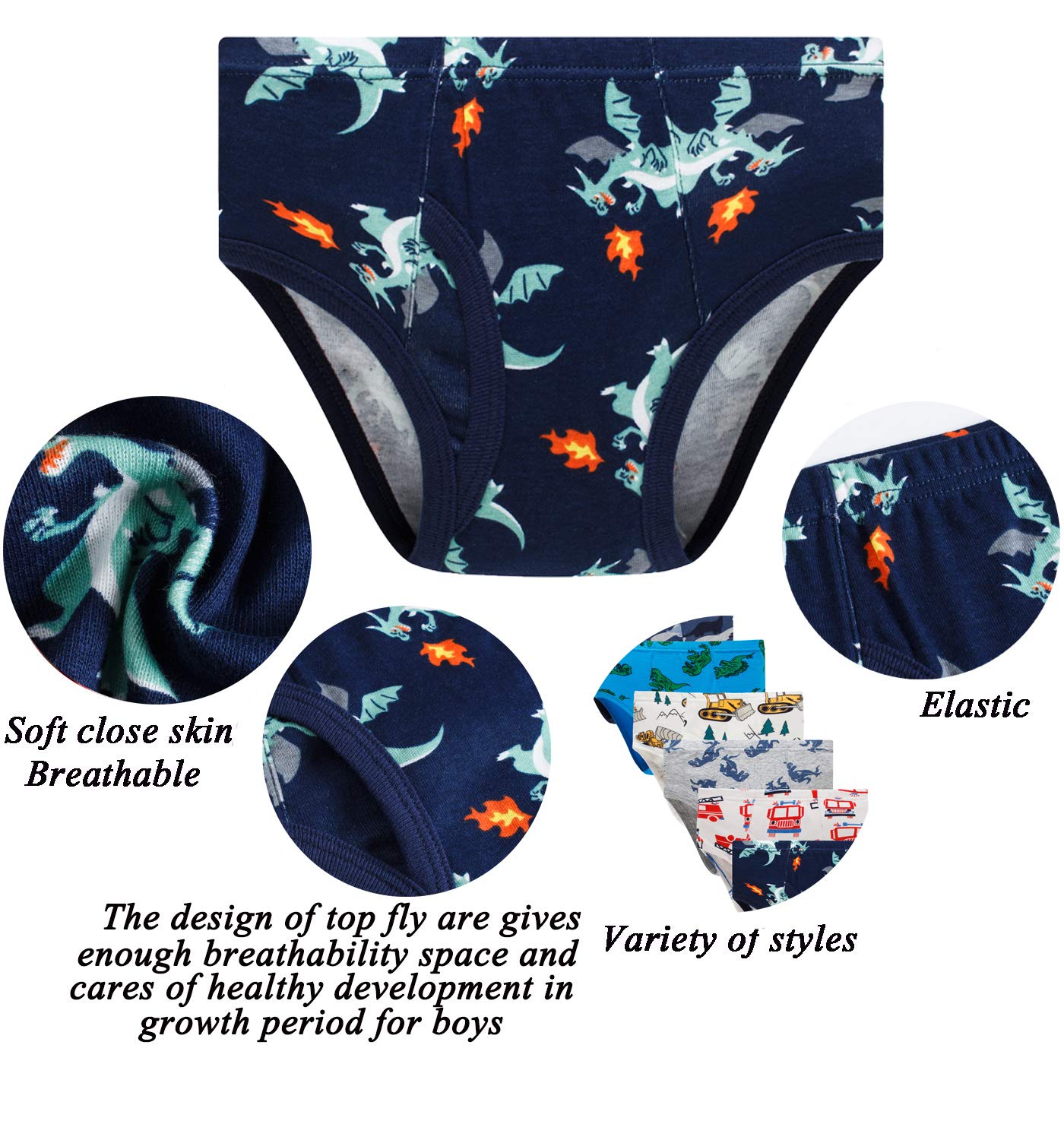 Boboking Little Boys Briefs Dinosaur Truck Toddler Kids Underwear (Pack Of 6) 6/7Y Blue
