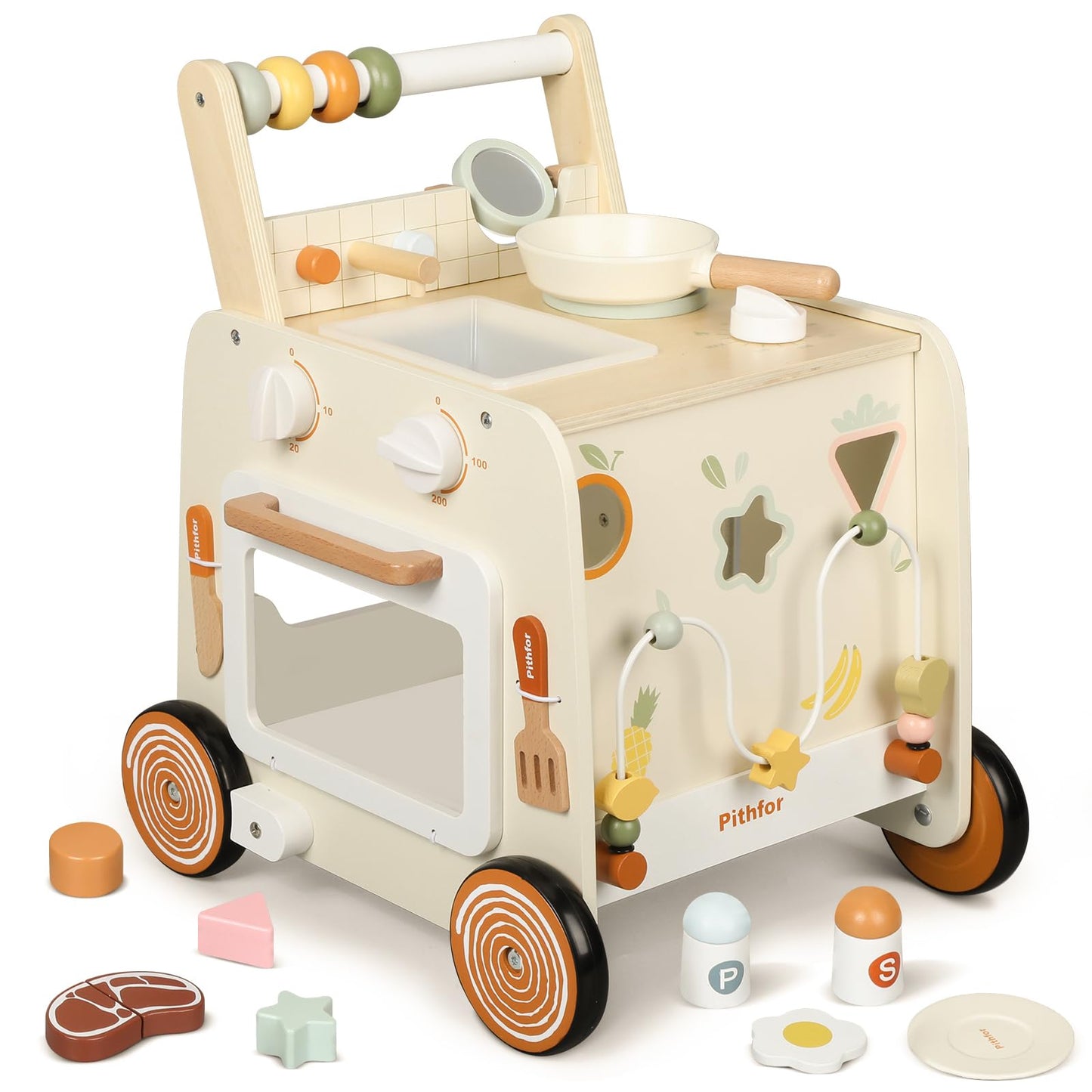 Pithfor Wooden Baby Walker, 3-in-1 Baby Push Walker, with Pretend Kitchen, Montessori Sensory Activity Center, Push Walker Toys 