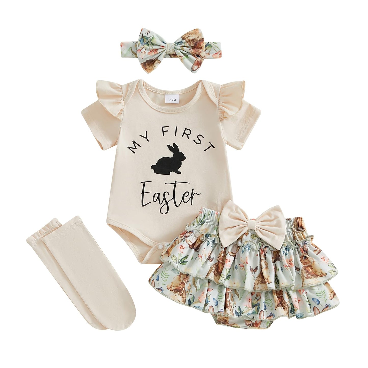 Kuriozud My First Easter Outfit Baby Girl Bunny Romper Onesie Bodysuit +Ruffle Tutu Shorts Bloomer 1st Easter Clothes (Beige My 