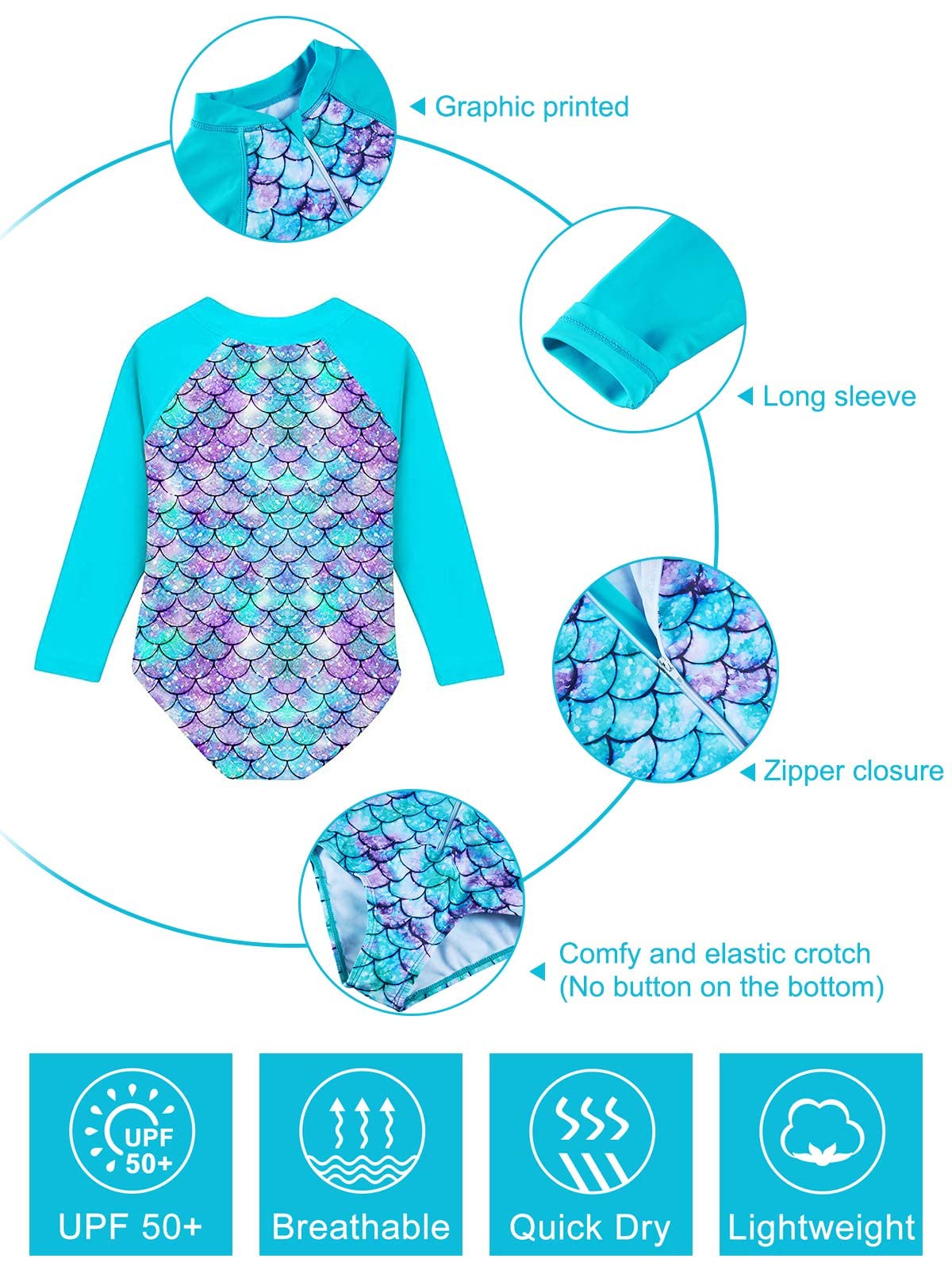 Toddler Girls Mermaid Bathing Suit Size 5 Swimsuit Summer Beach Swimwear Long Sleeve Rash Guard Bikini Swimwear 4-5T