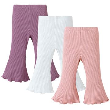 Sobowo Toddler Baby Girl Flare Pants 3 Pack Solid Ribbed Ruffle Bell Bottoms Pants Fall Outfits(Purple/White/Pink, 2-3T)