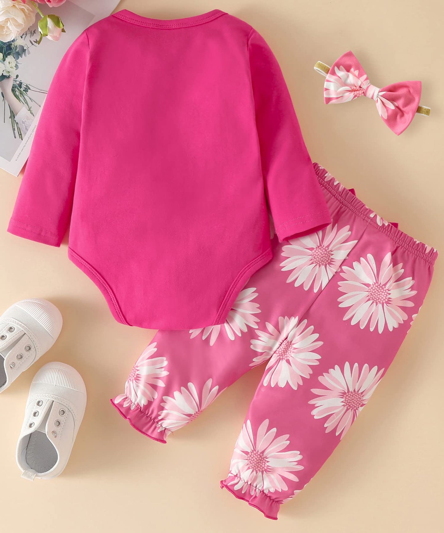 Fullfamous Baby Girl Clothes Gifts Outfits,Fall Winter Long Sleeve Romper And Pant Set Raspberry Sunflower Newborn