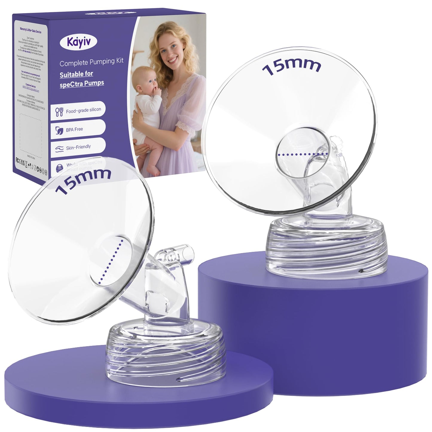 KAIYIV 15mm Flanges Compatible with Spectra S1/S2/9 Plus/Synergy Gold - Wide Neck Breast Pump Replacement Parts - Not Original S
