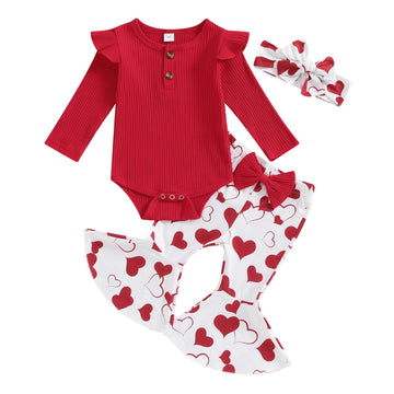 Kuriozud Newborn Baby Girl Valentines Day Outfit Ribbed Long Sleeve Romper Heart Flare Pants Set Infant Cute Baby Girl Clothes (