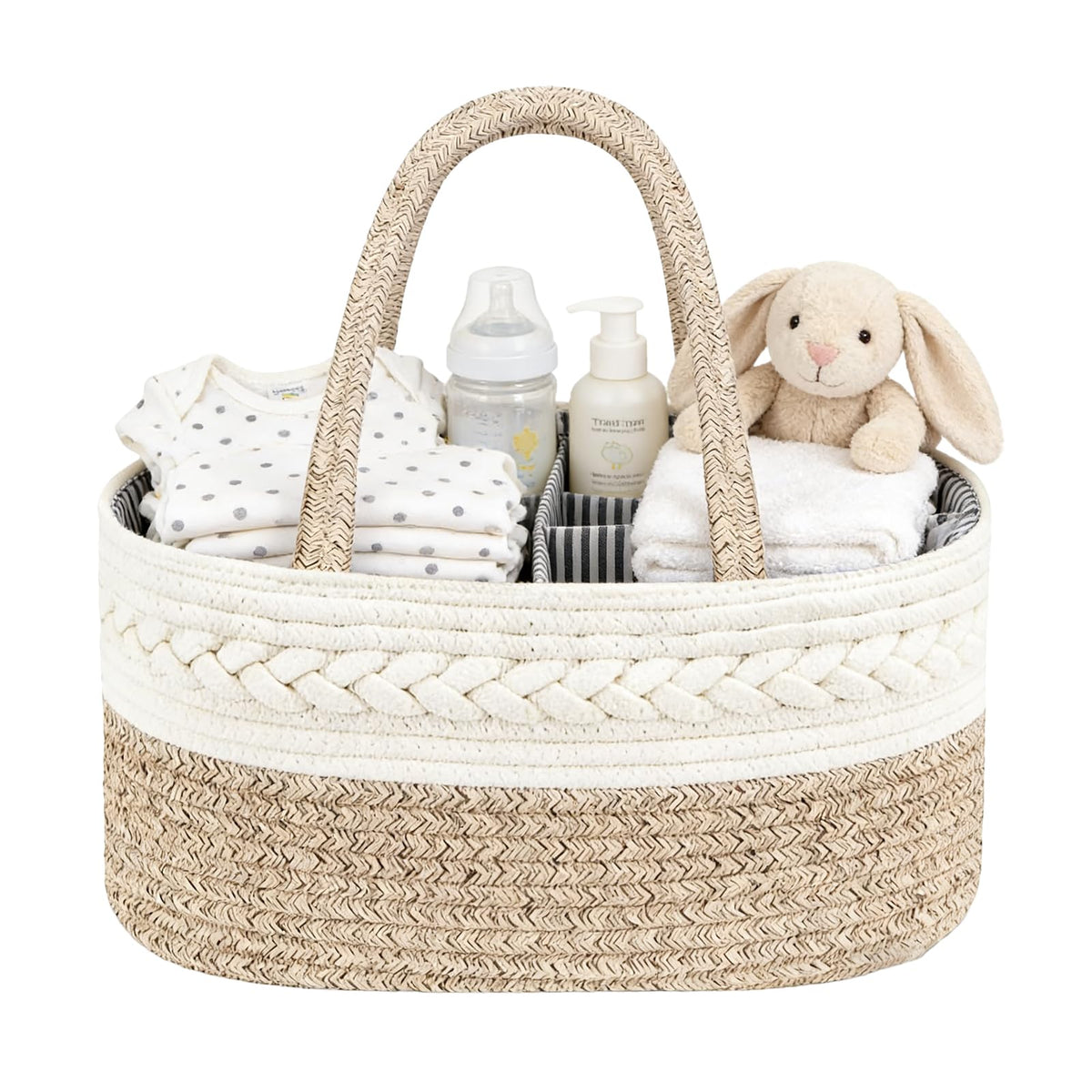 Danhh Diaper Caddy Organizer, Cotton Rope Baby Basket for Nursery and Changing Table, Portable Diaper Caddy with Removable Divid