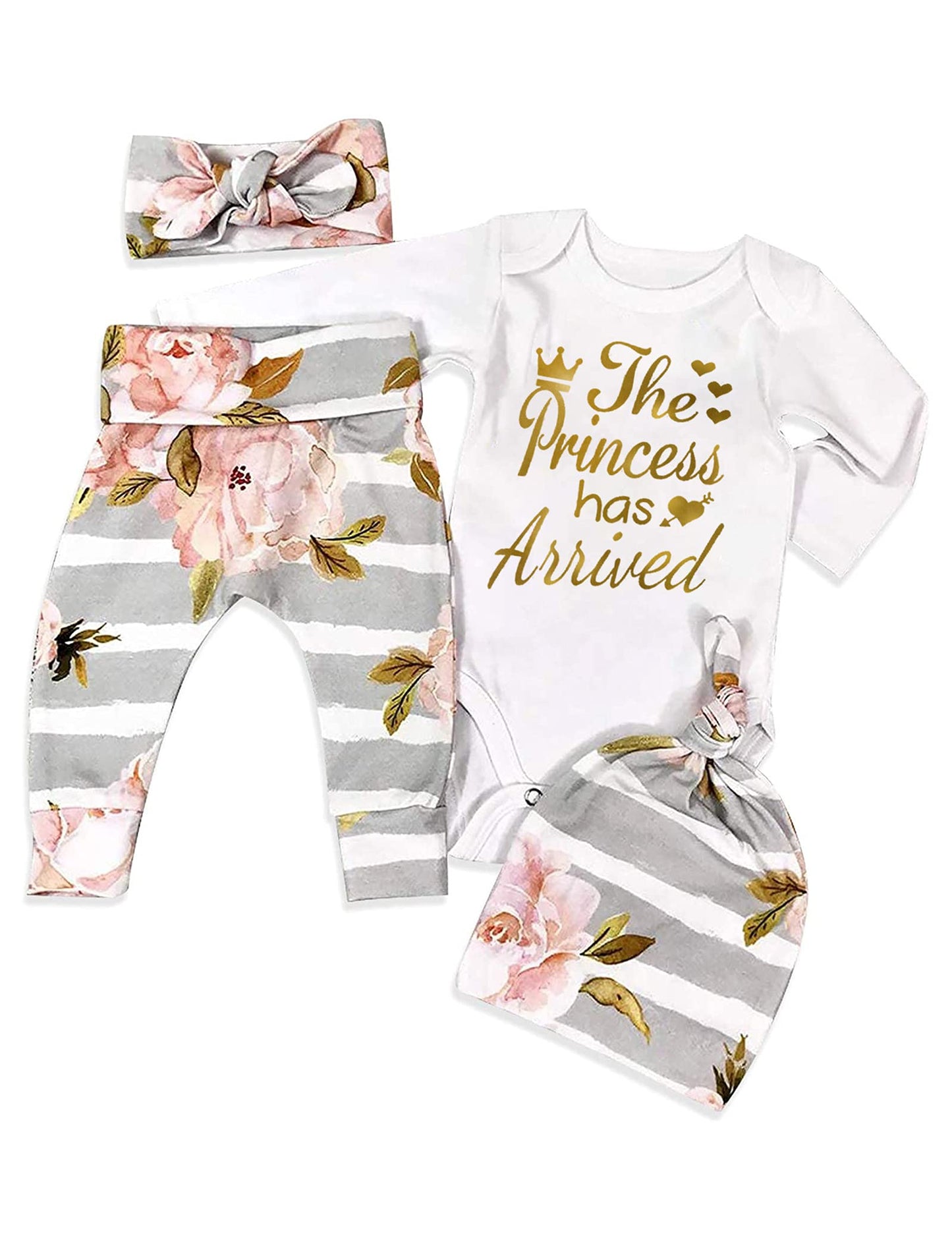 Kangkang Baby Girl Clothes 0-3 Months The Princess Has Arrived Infant Outfit Romper + Floral Pants + Headband + Hat Baby Clothes